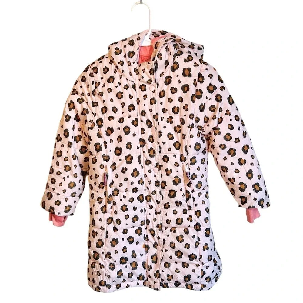 Girls Pink‎ Leopard Amazon Essentials Puffer Coat Hooded Winter Warm Size Small